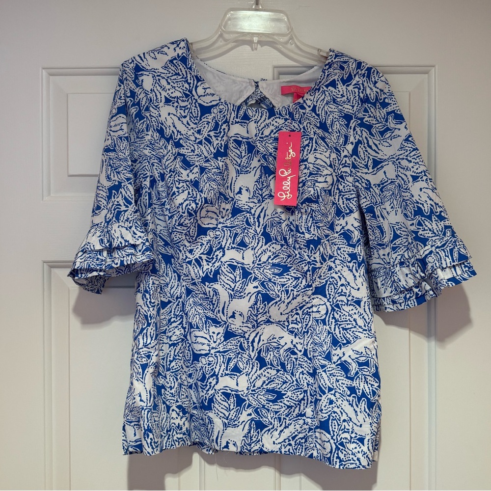 Lilly Pulitzer Blue and White Leaf Print Blouse